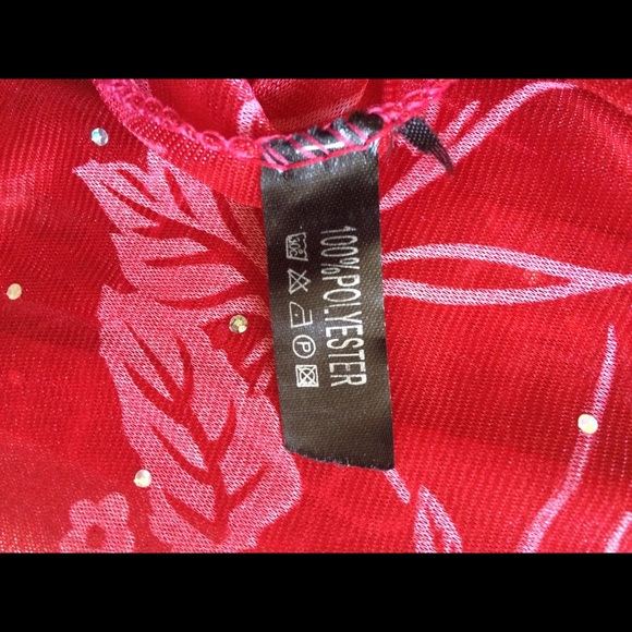 Sheer Deep Red Scarf with Leaf Motif and Gems - Picture 5 of 5